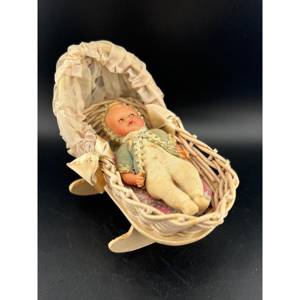 Antique Miniature Baby Doll in Cradle